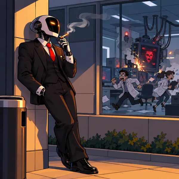Robot smokes outside a burning AI lab