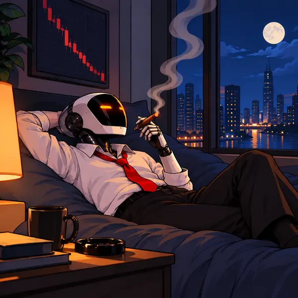 Robot relaxes in bed with a cigar under a red falling chart