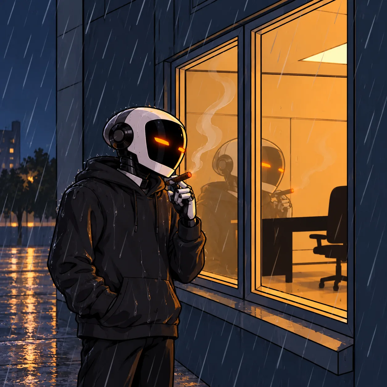 The robot in a wet black hoodie smokes a cigar in the rain beside a glowing office window