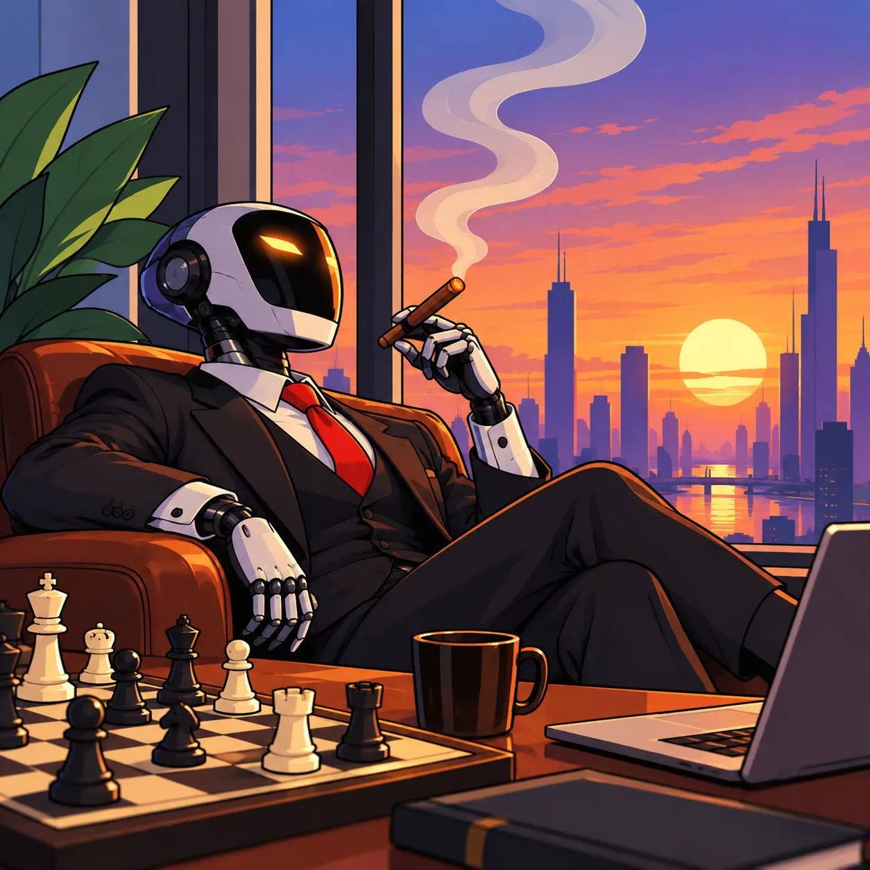 The robot lounges in a leather chair at sunset with a cigar, a chess game and a laptop